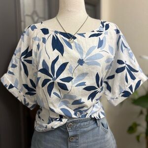 Liz Claiborne Linen Blend Floral Blue and White Women's Top | Size XL
